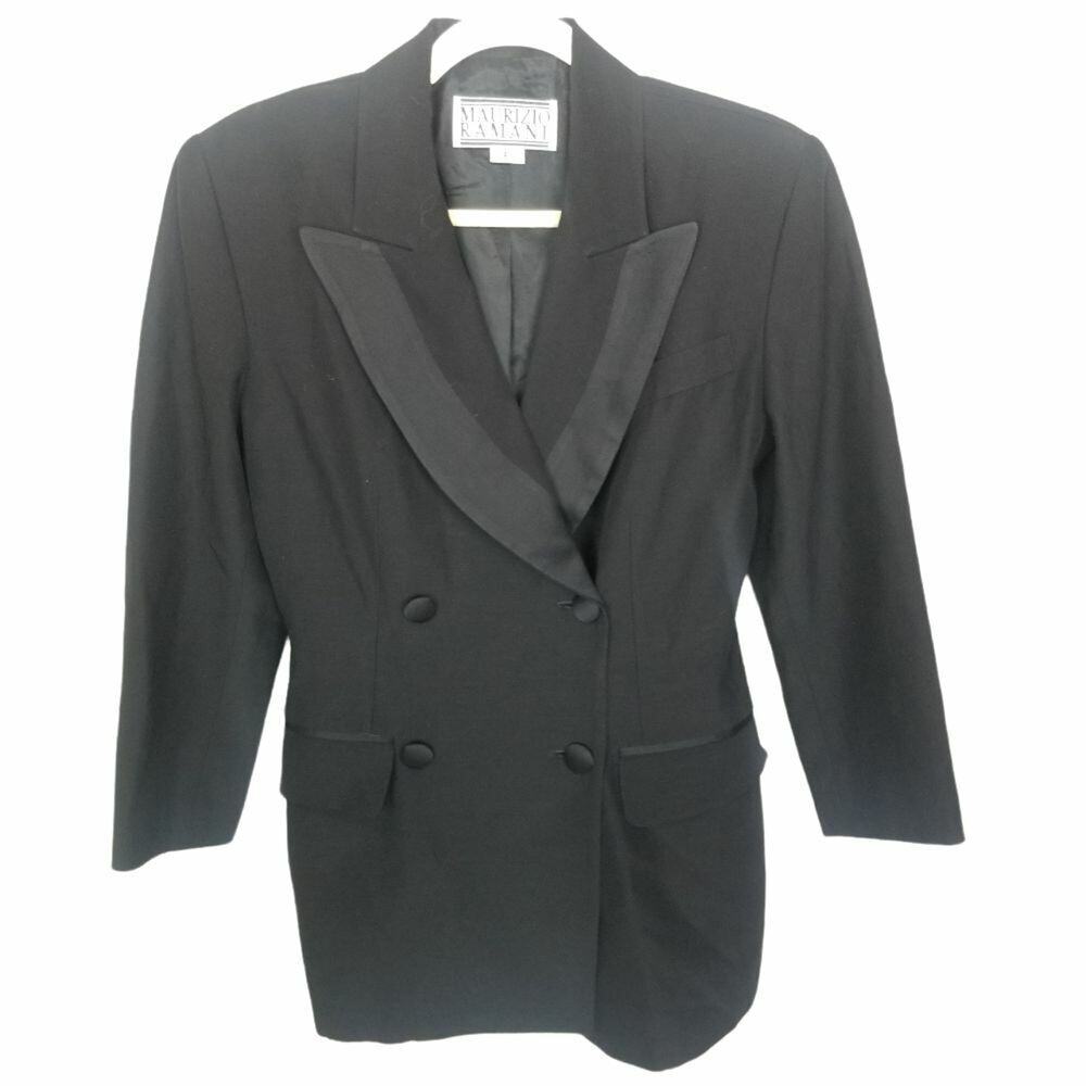 Vintage Maurizio Ramani Womens Wool Blazer Satin Lapel Sz 4 Mixed Media Classic